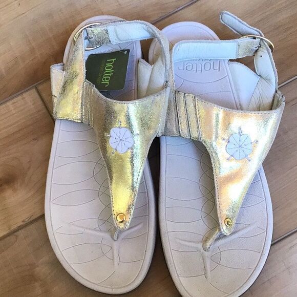 Hotter JAVA Metallic Shimmer Gold Cream Thong Toe Slingback Comfort Sandals NEW - Picture 11 of 16